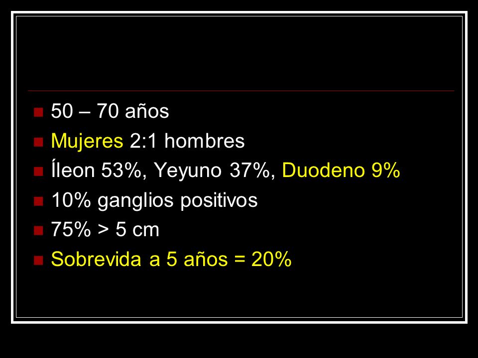 50 – 70 años Mujeres 2:1 hombres. Íleon 53%, Yeyuno 37%, Duodeno 9% 10% ganglios positivos. 75% > 5 cm.