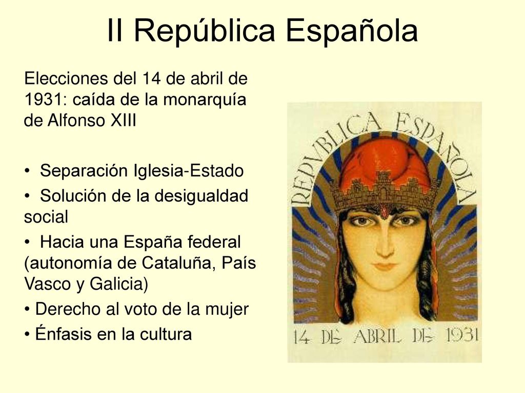 II República Española Elecciones del 14 de abril de 1931: caída de la monarquía de Alfonso XIII. Separación Iglesia-Estado.