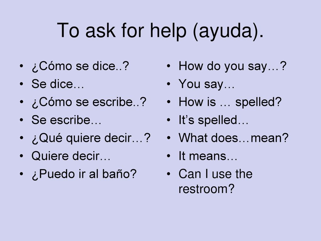 To ask for help (ayuda). ¿Cómo se dice.. Se dice… ¿Cómo se escribe..