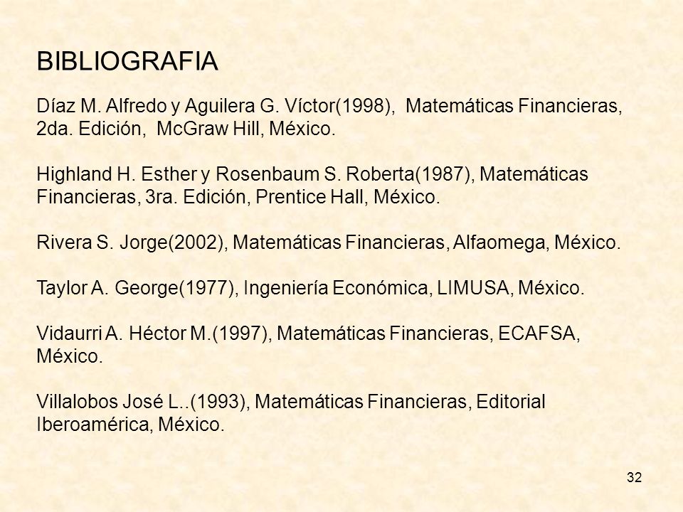 BIBLIOGRAFIA Díaz M. Alfredo y Aguilera G. Víctor(1998), Matemáticas Financieras, 2da. Edición, McGraw Hill, México.