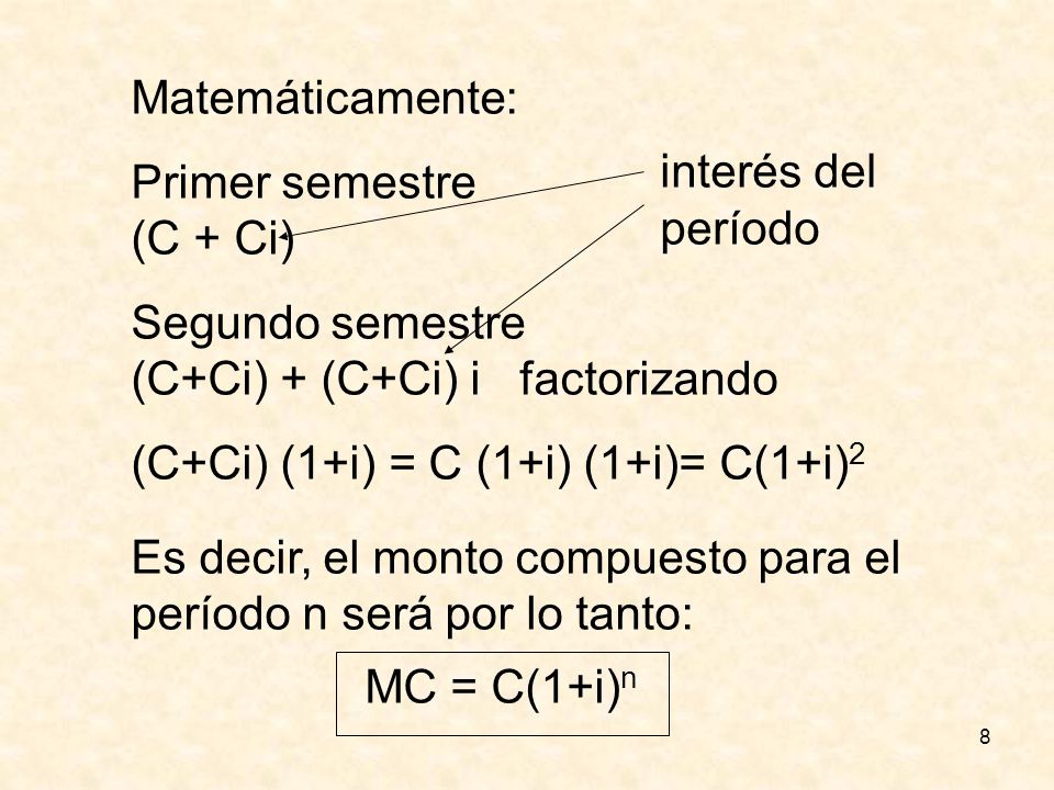 Matemáticamente: Primer semestre. (C + Ci) Segundo semestre. (C+Ci) + (C+Ci) i factorizando. (C+Ci) (1+i) = C (1+i) (1+i)= C(1+i)2.