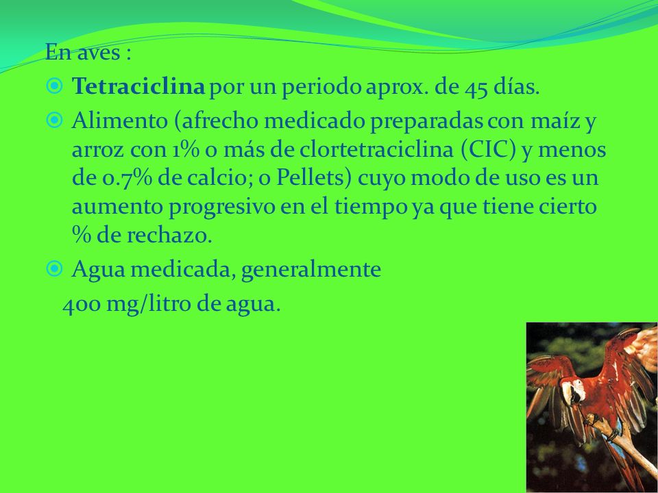 En aves : Tetraciclina por un periodo aprox. de 45 días.
