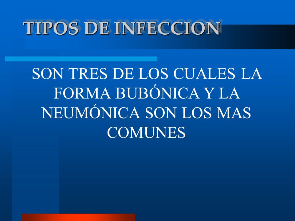TIPOS DE INFECCION SON TRES DE LOS CUALES LA FORMA BUBÓNICA Y LA NEUMÓNICA SON LOS MAS COMUNES