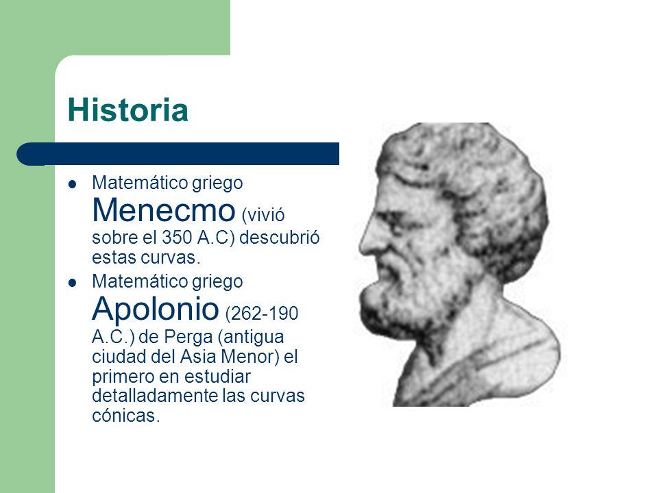 Historia Matemático griego Menecmo (vivió sobre el 350 A.C) descubrió estas curvas.