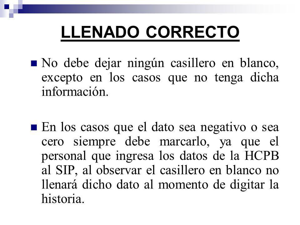LLENADO CORRECTO No debe dejar ningún casillero en blanco, excepto en los casos que no tenga dicha información.
