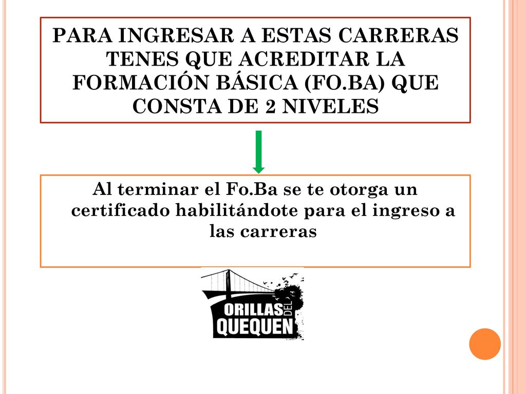 PARA INGRESAR A ESTAS CARRERAS TENES QUE ACREDITAR LA FORMACIÓN BÁSICA (FO.BA) QUE CONSTA DE 2 NIVELES