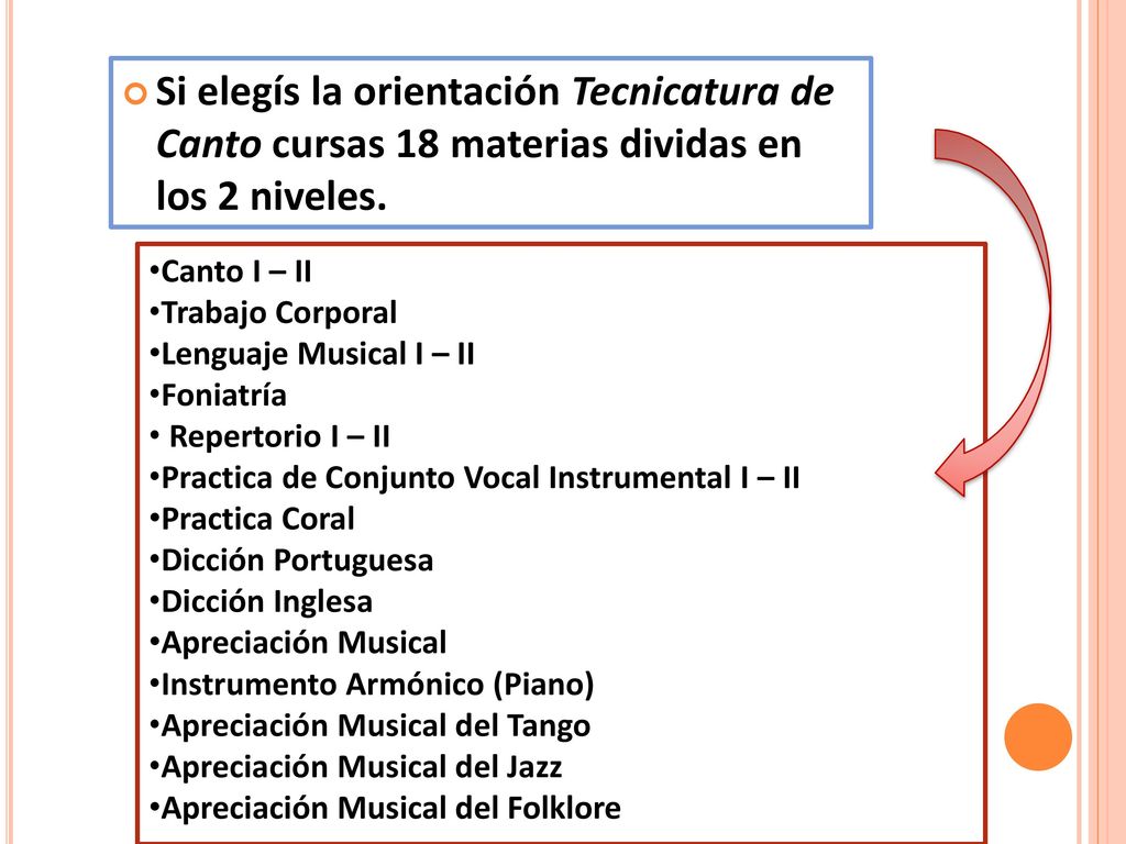 Si elegís la orientación Tecnicatura de Canto cursas 18 materias dividas en los 2 niveles.