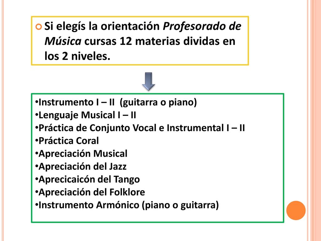 Si elegís la orientación Profesorado de Música cursas 12 materias dividas en los 2 niveles.