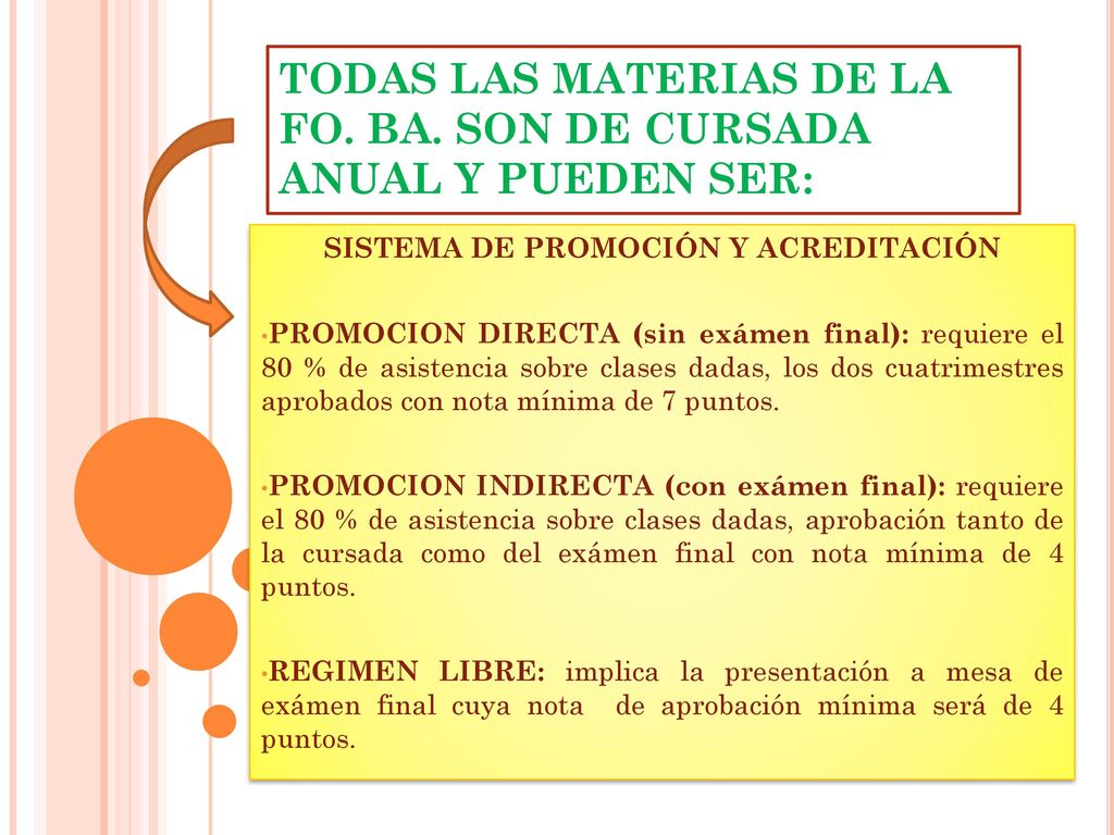 TODAS LAS MATERIAS DE LA FO. BA. SON DE CURSADA ANUAL Y PUEDEN SER: