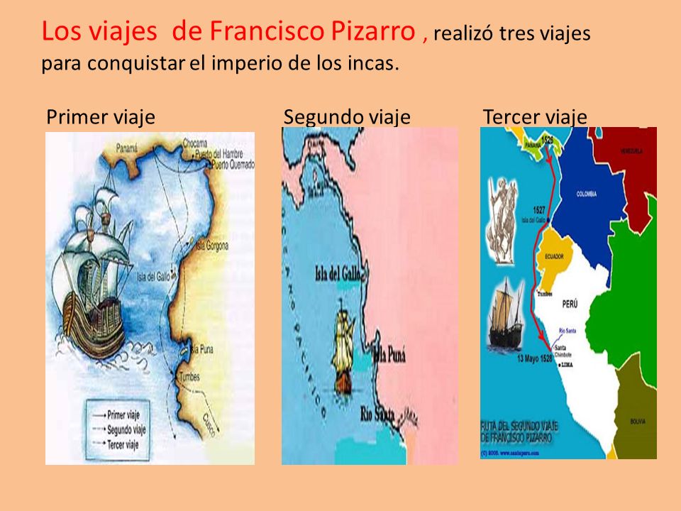 Los viajes de Francisco Pizarro , realizó tres viajes para conquistar el imperio de los incas.