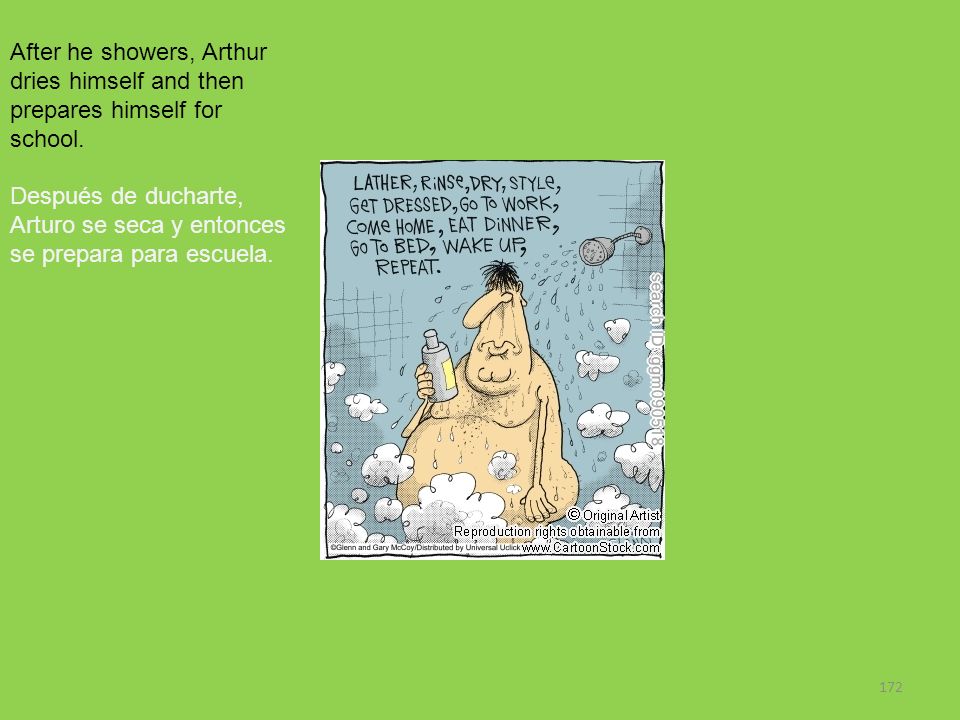 After he showers, Arthur dries himself and then prepares himself for school.