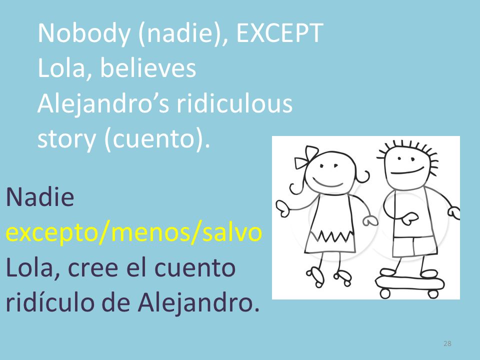 Nobody (nadie), EXCEPT Lola, believes Alejandro’s ridiculous story (cuento).