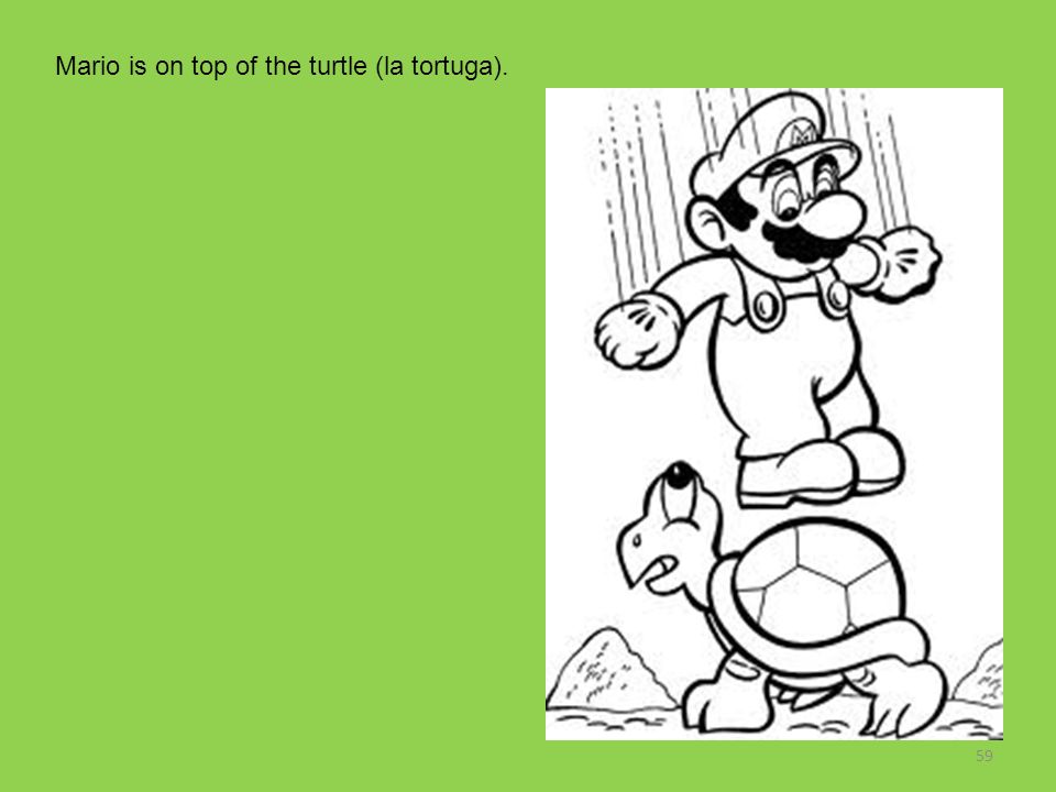 Mario is on top of the turtle (la tortuga).