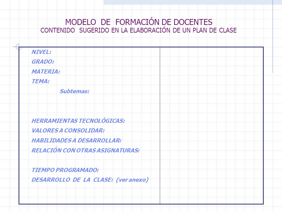 MODELO DE FORMACIÓN DE DOCENTES CONTENIDO SUGERIDO EN LA ELABORACIÓN DE UN PLAN DE CLASE