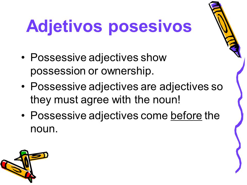 Adjetivos posesivos Possessive adjectives show possession or ownership. Possessive adjectives are adjectives so they must agree with the noun!