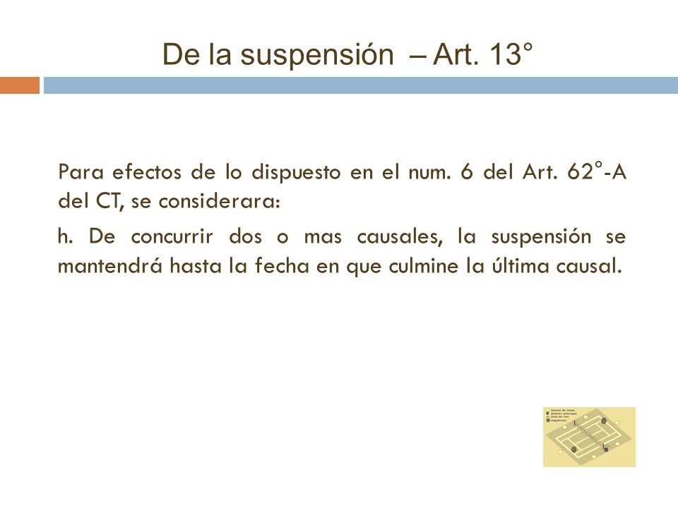 De la suspensión – Art. 13° Para efectos de lo dispuesto en el num. 6 del Art. 62°-A del CT, se considerara: