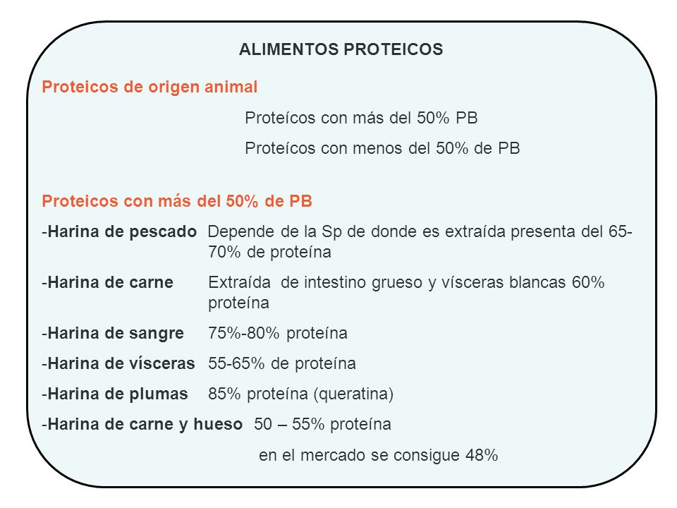ALIMENTOS PROTEICOS Proteicos de origen animal. Proteícos con más del 50% PB. Proteícos con menos del 50% de PB.