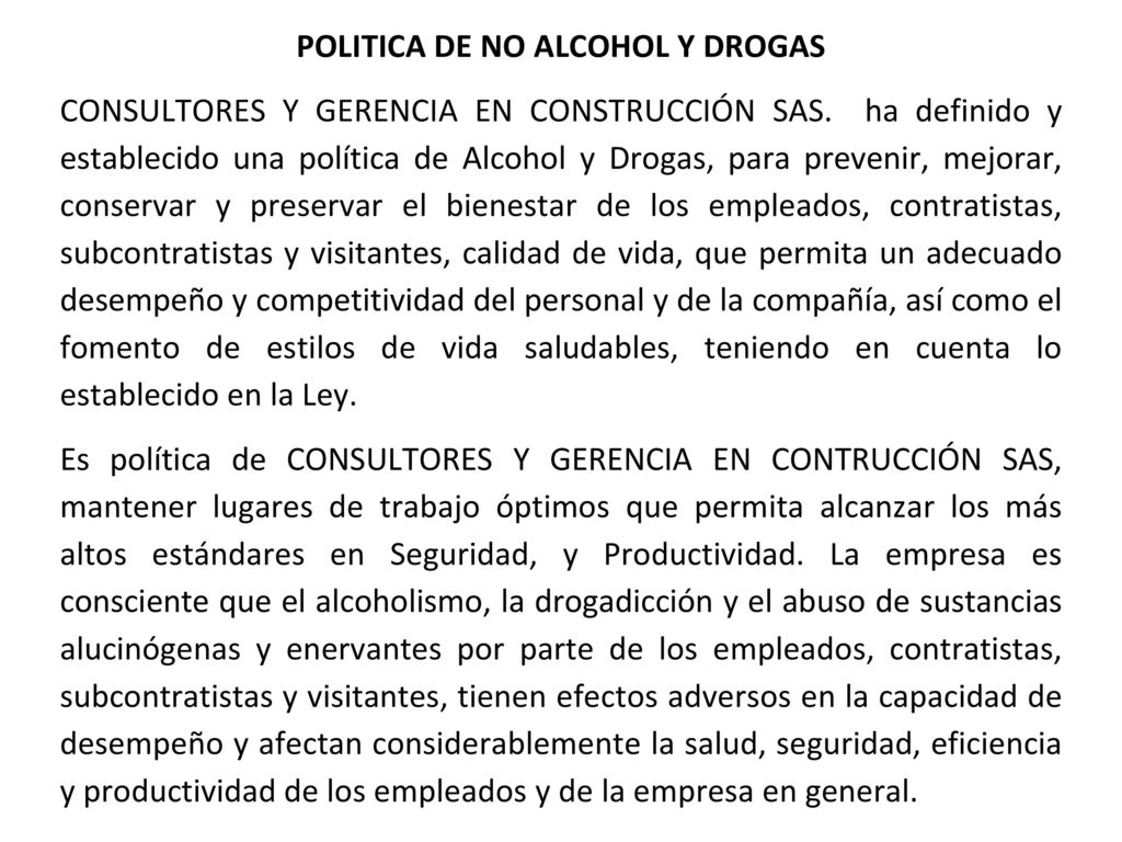 POLITICA DE NO ALCOHOL Y DROGAS