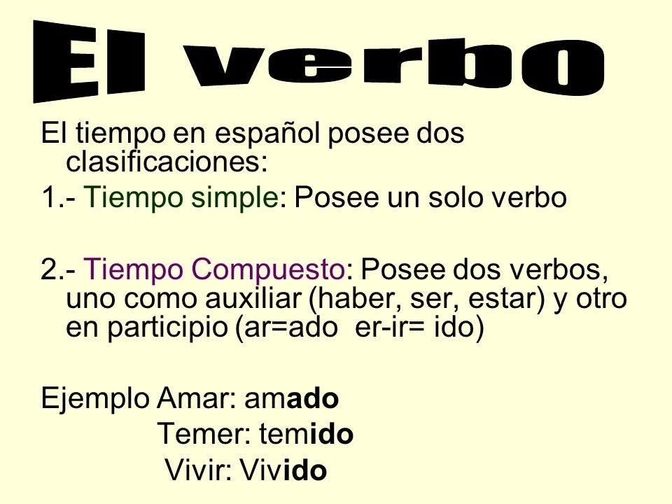 El verbo El tiempo en español posee dos clasificaciones: