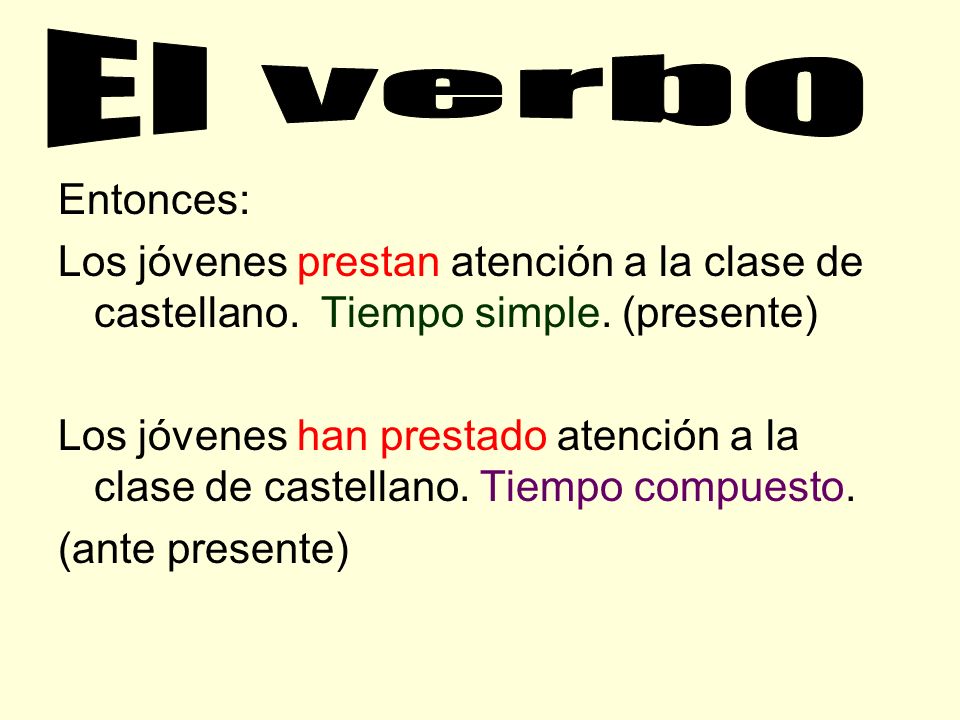 El verbo Entonces: Los jóvenes prestan atención a la clase de castellano. Tiempo simple. (presente)