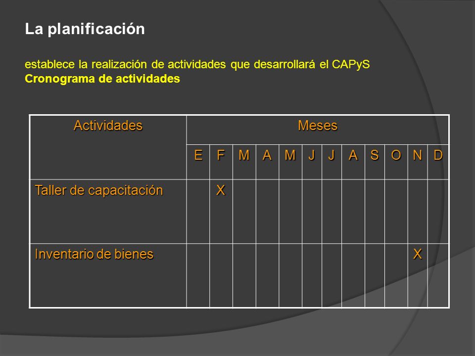 La planificación establece la realización de actividades que desarrollará el CAPyS Cronograma de actividades