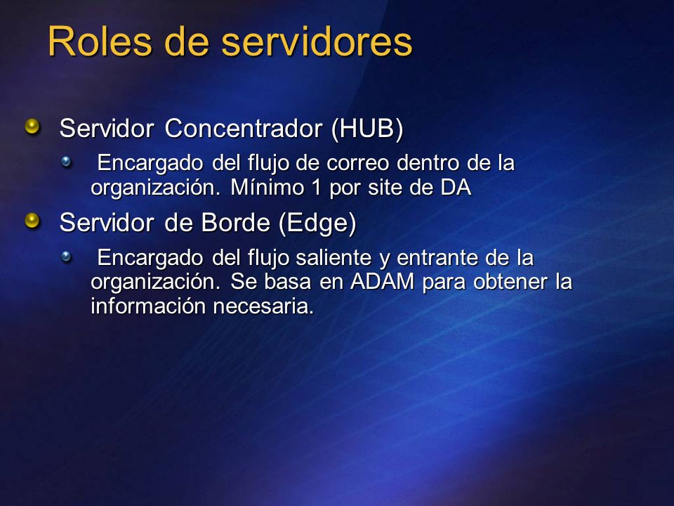 Roles de servidores Servidor Concentrador (HUB)