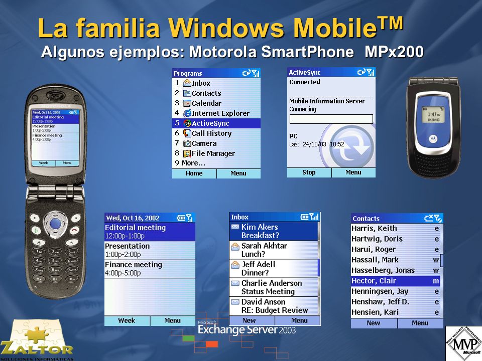 La familia Windows MobileTM Algunos ejemplos: Motorola SmartPhone MPx200