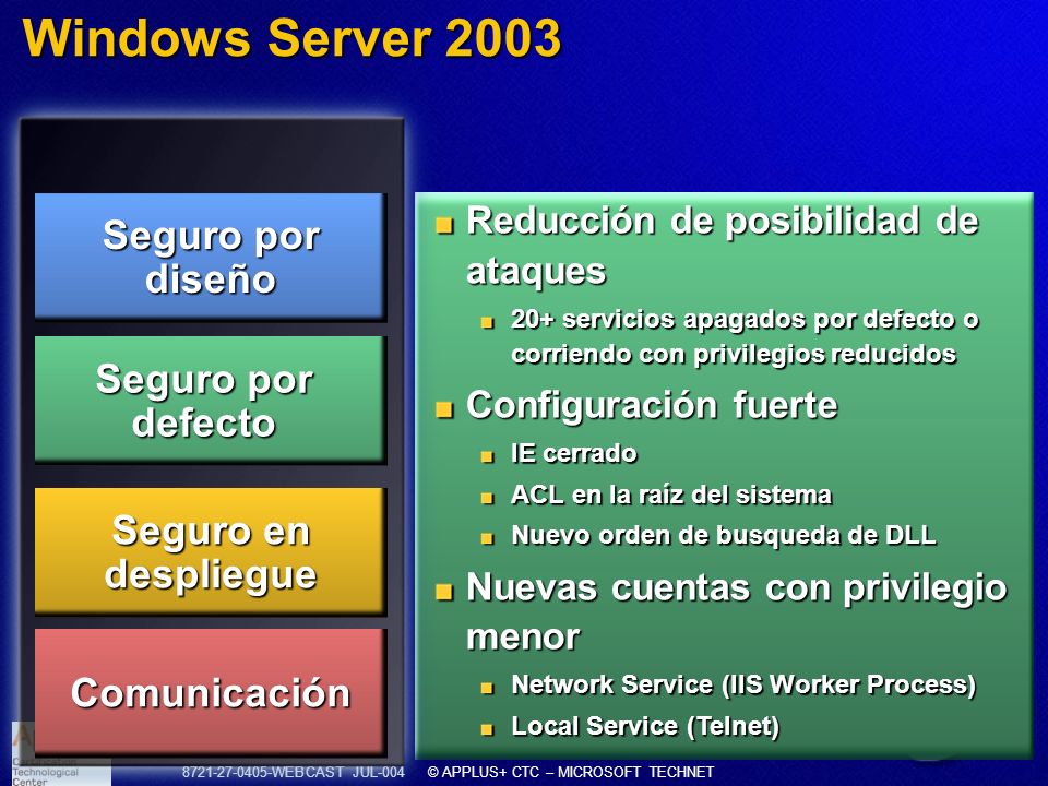 Windows Server 2003 Seguro por diseño Seguro por defecto