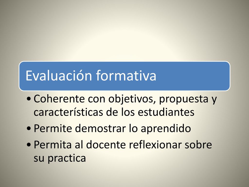 Evaluación formativa Coherente con objetivos, propuesta y características de los estudiantes. Permite demostrar lo aprendido.