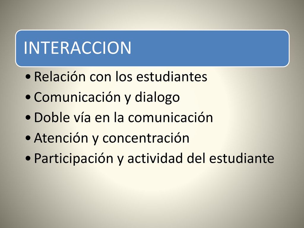 INTERACCION Relación con los estudiantes Comunicación y dialogo