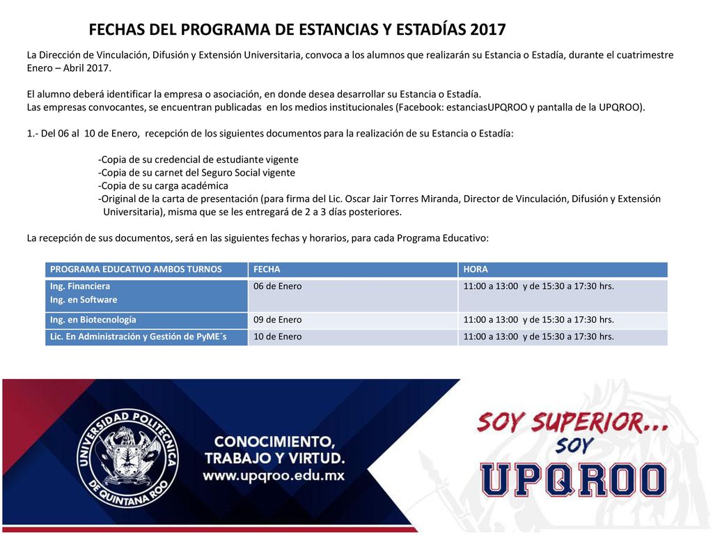 FECHAS DEL PROGRAMA DE ESTANCIAS Y ESTADÍAS 2017