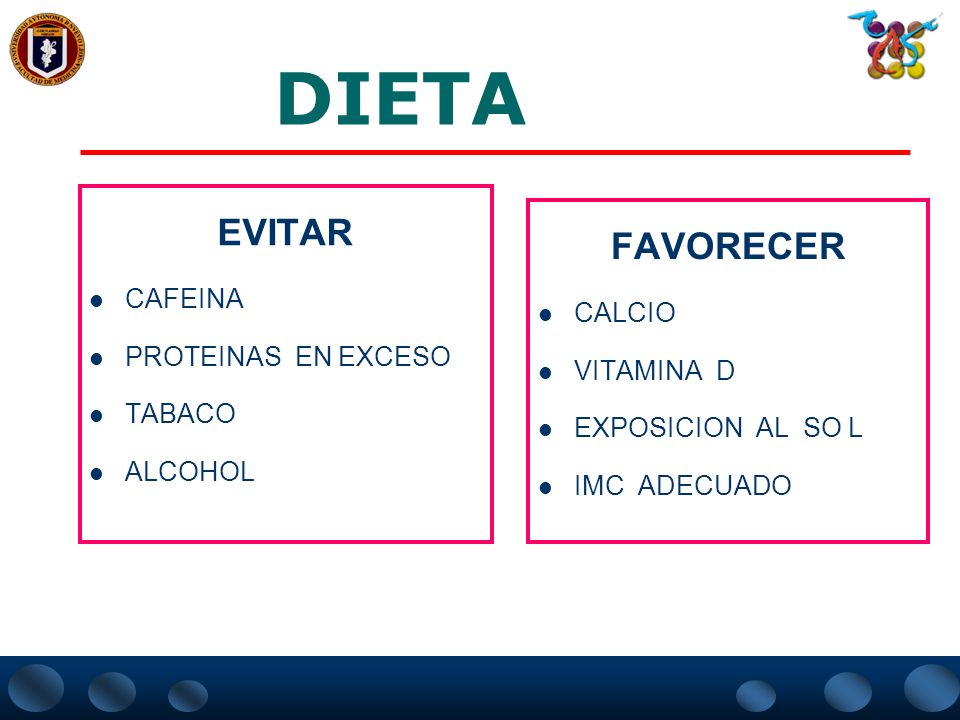 DIETA EVITAR FAVORECER CAFEINA CALCIO PROTEINAS EN EXCESO VITAMINA D