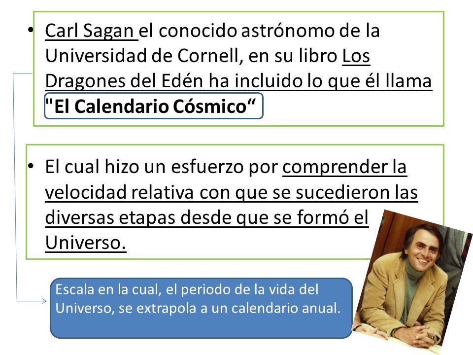 Carl Sagan el conocido astrónomo de la Universidad de Cornell, en su libro Los Dragones del Edén ha incluido lo que él llama El Calendario Cósmico