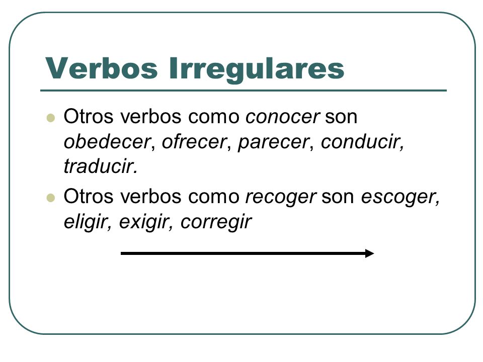 Verbos Irregulares Otros verbos como conocer son obedecer, ofrecer, parecer, conducir, traducir.
