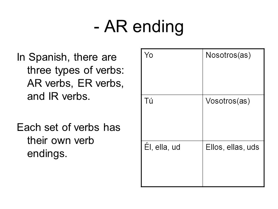 - AR ending In Spanish, there are three types of verbs: AR verbs, ER verbs, and IR verbs. Each set of verbs has their own verb endings.