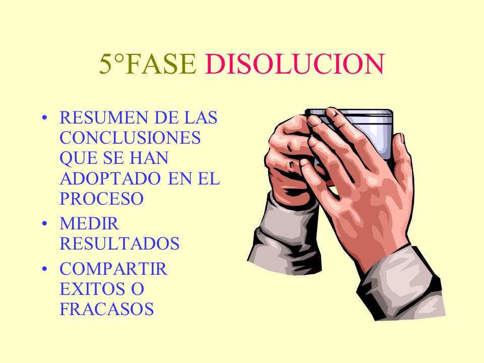 5°FASE DISOLUCION RESUMEN DE LAS CONCLUSIONES QUE SE HAN ADOPTADO EN EL PROCESO. MEDIR RESULTADOS.