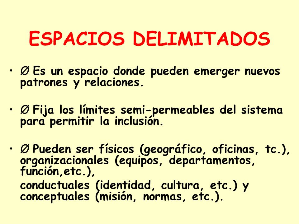 ESPACIOS DELIMITADOS Ø Es un espacio donde pueden emerger nuevos patrones y relaciones.