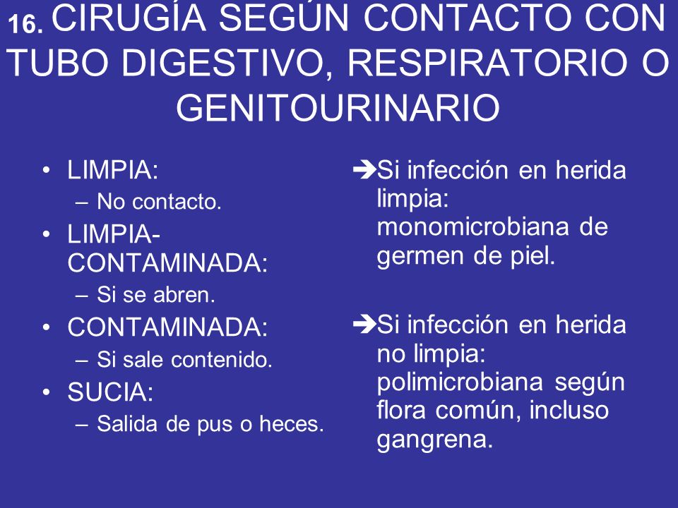 16. CIRUGÍA SEGÚN CONTACTO CON TUBO DIGESTIVO, RESPIRATORIO O GENITOURINARIO. LIMPIA: No contacto.