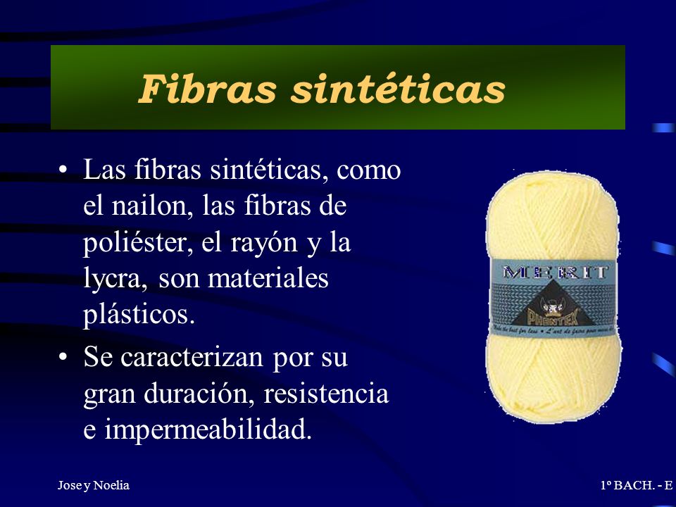 Fibras sintéticas Las fibras sintéticas, como el nailon, las fibras de poliéster, el rayón y la lycra, son materiales plásticos.