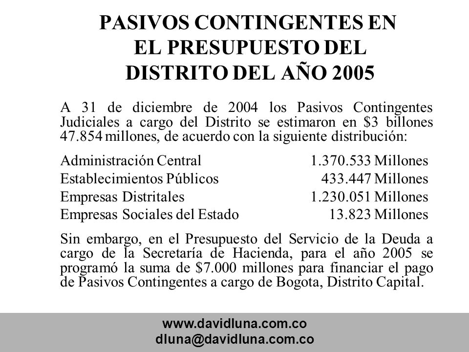 PASIVOS CONTINGENTES EN EL PRESUPUESTO DEL DISTRITO DEL AÑO 2005