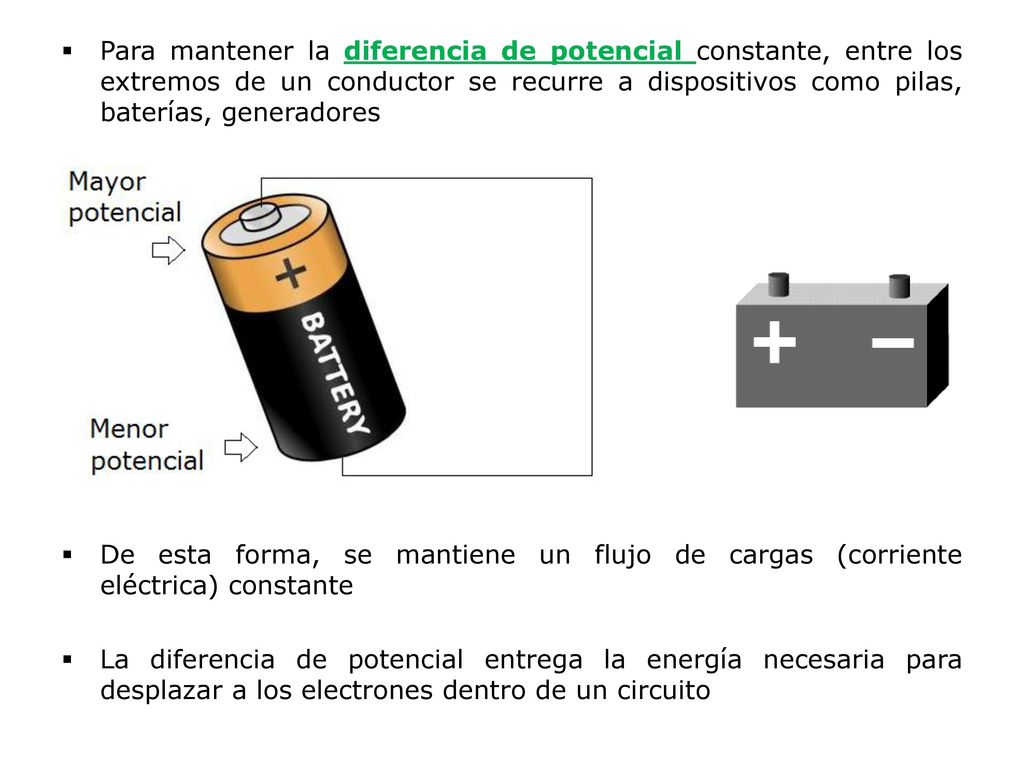 Para mantener la diferencia de potencial constante, entre los extremos de un conductor se recurre a dispositivos como pilas, baterías, generadores
