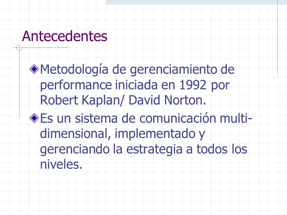 Antecedentes Metodología de gerenciamiento de performance iniciada en 1992 por Robert Kaplan/ David Norton.