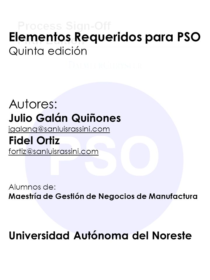 Elementos Requeridos para PSO Quinta edición