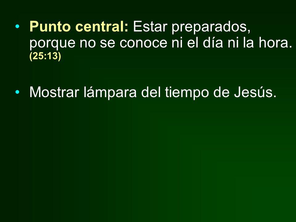 Punto central: Estar preparados, porque no se conoce ni el día ni la hora. (25:13)