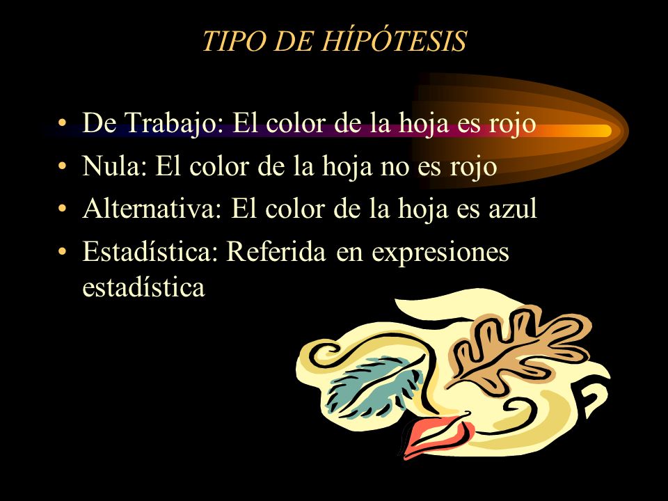 TIPO DE HÍPÓTESIS De Trabajo: El color de la hoja es rojo. Nula: El color de la hoja no es rojo. Alternativa: El color de la hoja es azul.