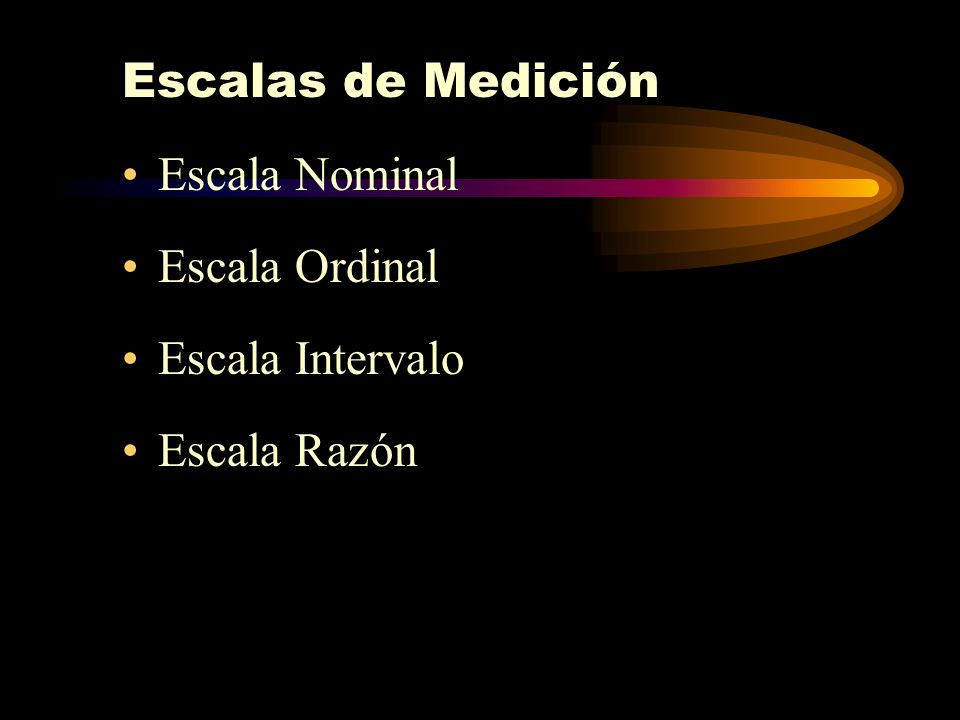 Escalas de Medición Escala Nominal Escala Ordinal Escala Intervalo Escala Razón