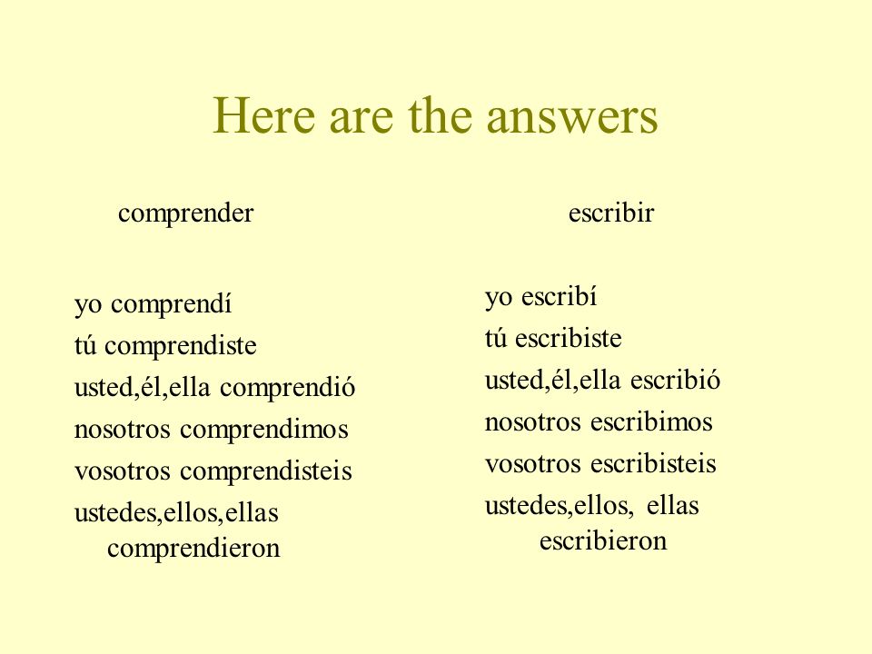 Here are the answers comprender yo comprendí tú comprendiste