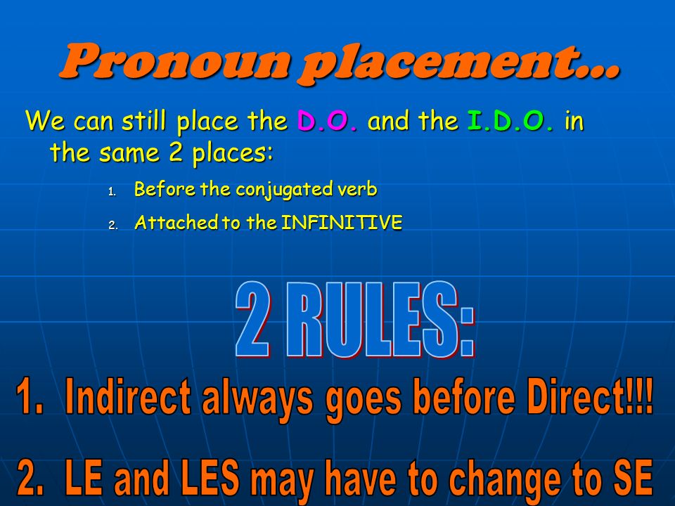 Pronoun placement… 2 RULES: 1. Indirect always goes before Direct!!!