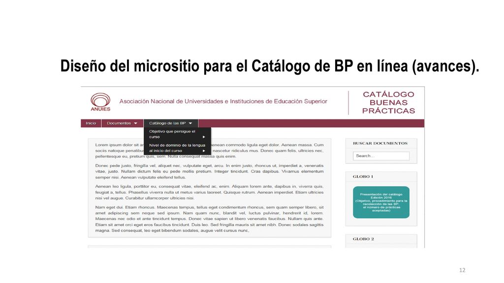Diseño del micrositio para el Catálogo de BP en línea (avances).