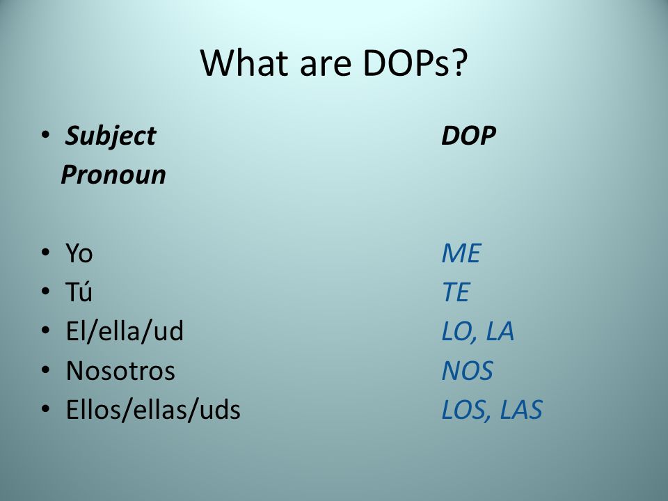 What are DOPs Subject DOP Pronoun Yo ME Tú TE El/ella/ud LO, LA